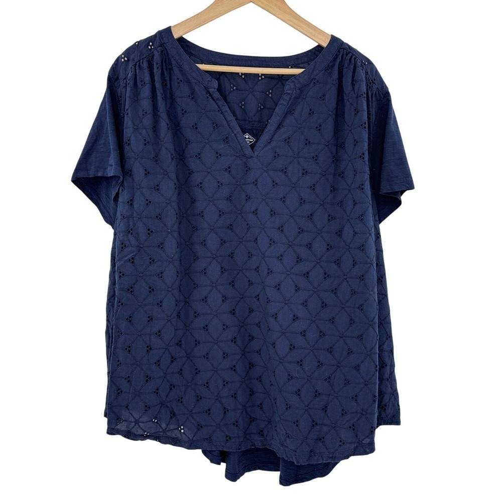 St Johns Bay‎ Womens 4X Navy Blue Cotton Eyelet Short Sleeve V-Neck See Photos
